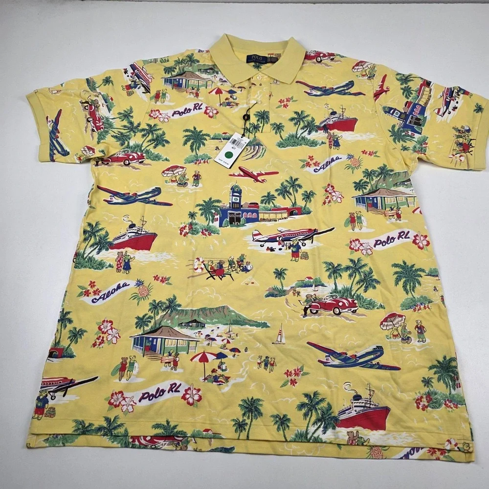 Polo Ralph Lauren Hawaiian Polo Shirt Mens 3XLT Yellow Aloha Print Short Sleeve